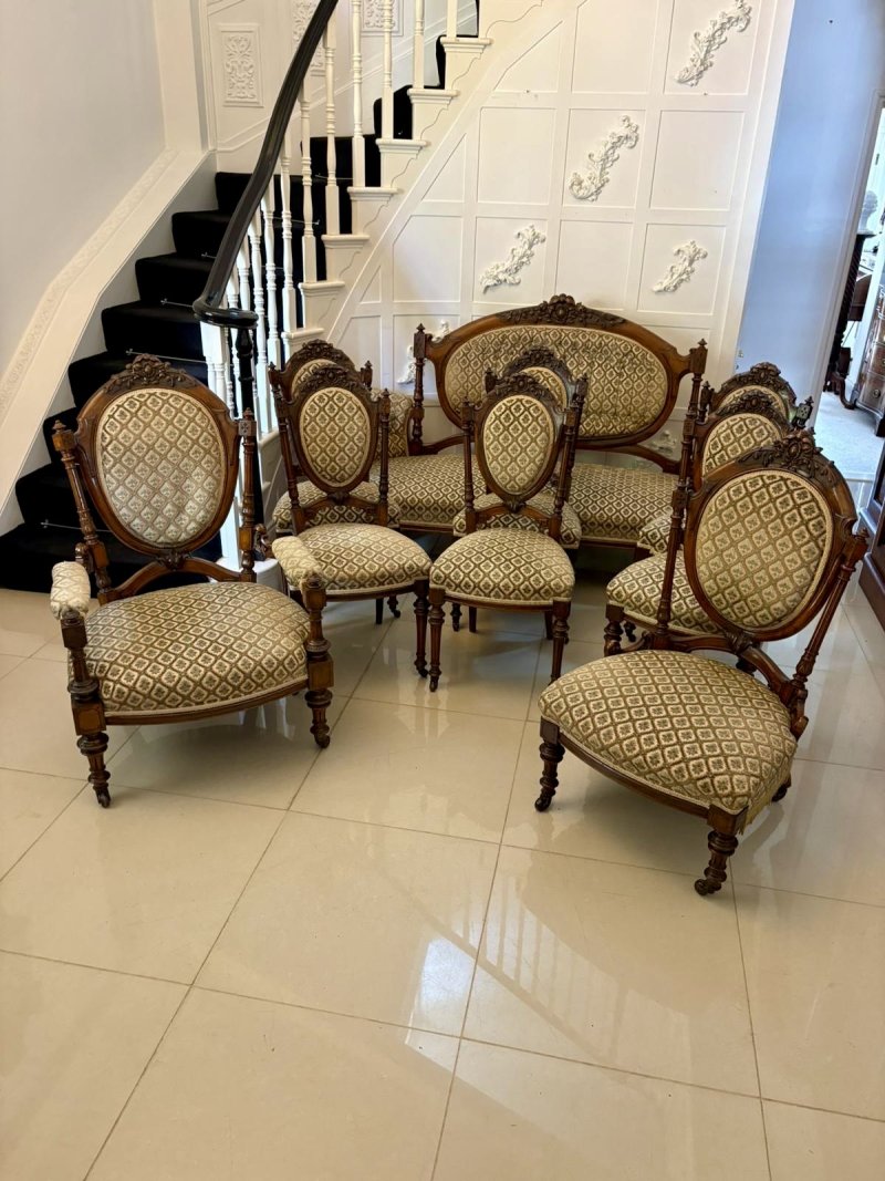 Exhibition Quality Antique Victorian Carved Walnut 9 Piece Suite